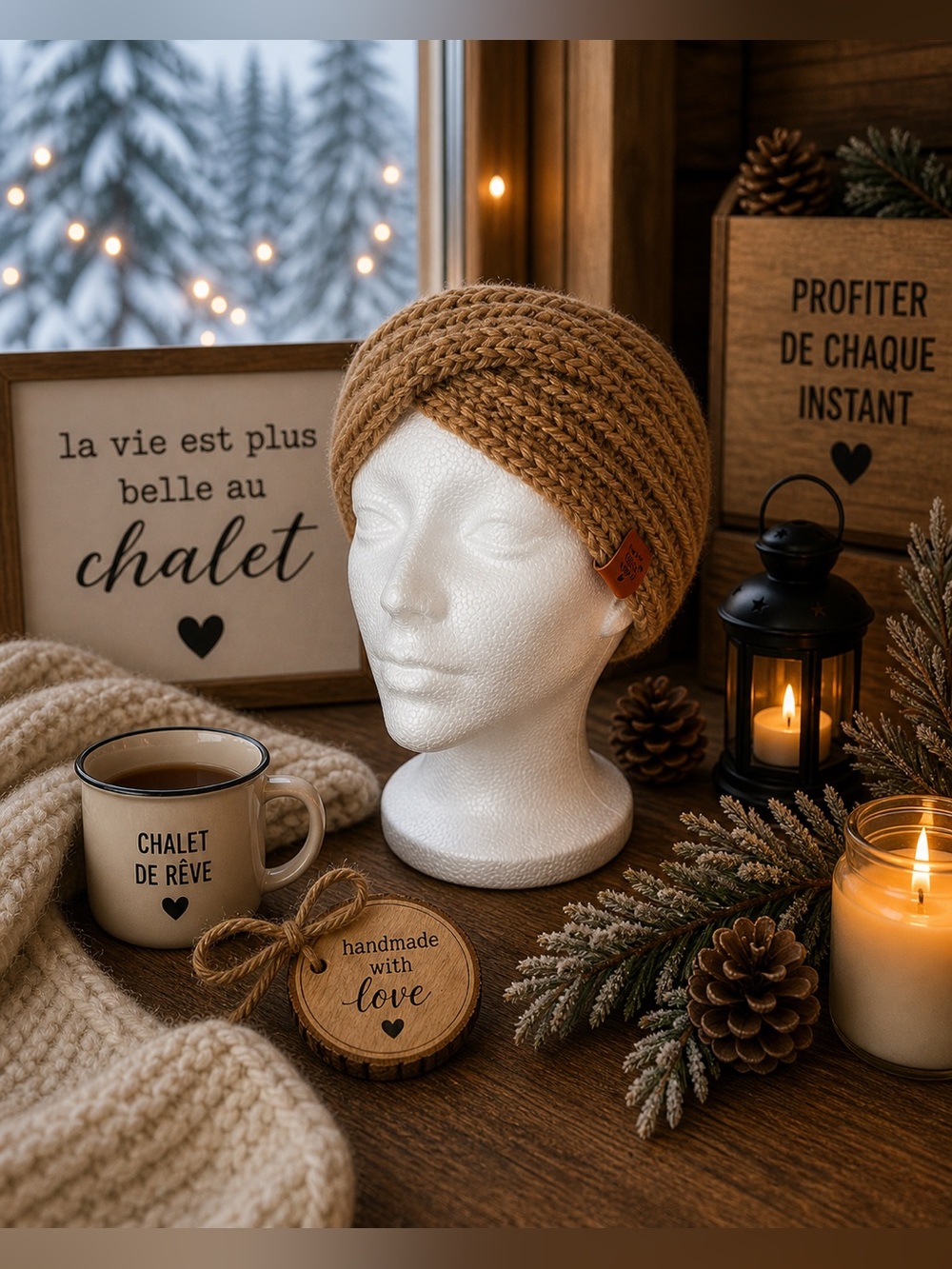 Handmade Knit Turban Headband in Camel Brown
